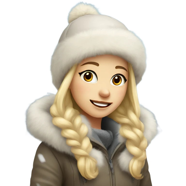 blonde girl in a fur hat playing in the snow emoji