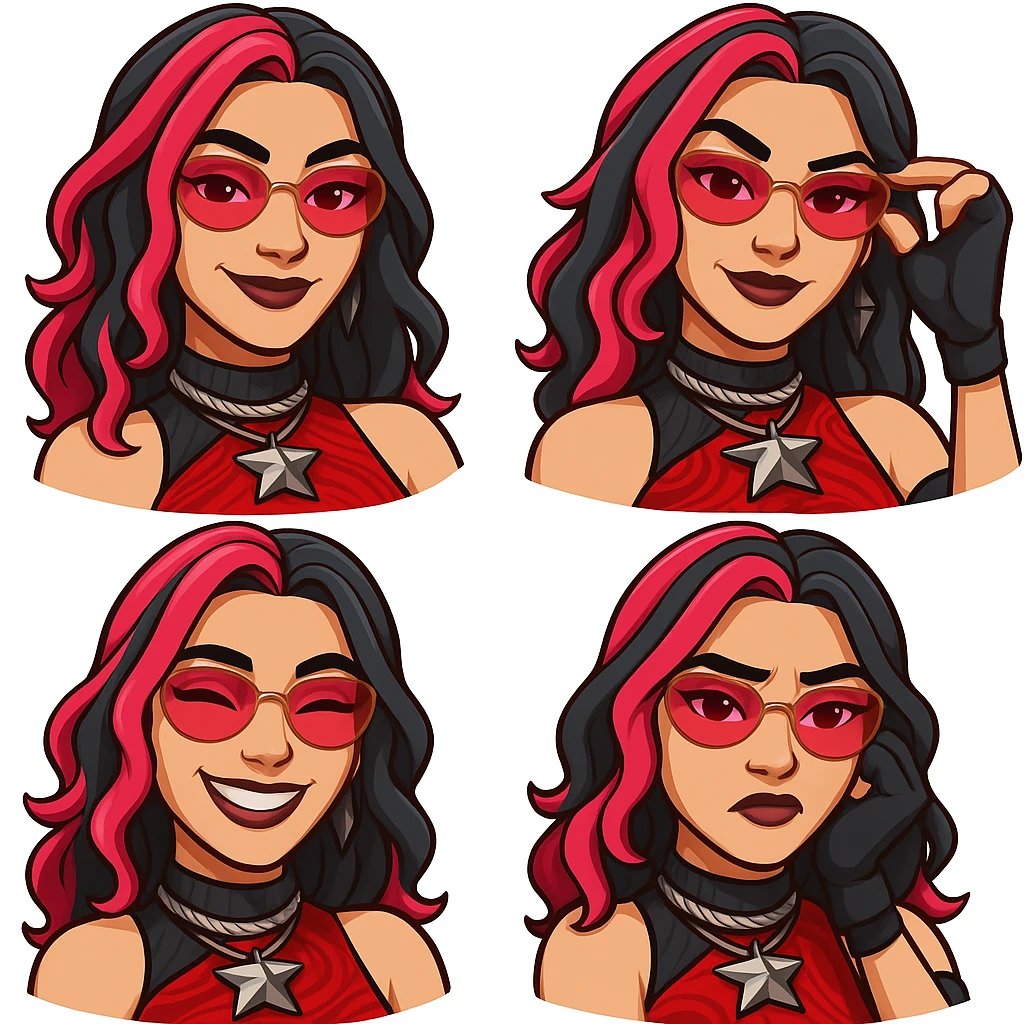 Create four emoticons of a confident female character with black and red hair, wearing glasses, inspired by Undercover Kor style. Each emoticon should show a different expression or pose, matching the style and vibe of the reference image. emoji