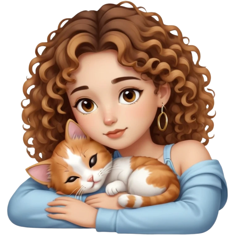 cute balayage curly/wavy haired girl, hoop earrings, brown eyes, clean girl makeup sleeping with her calico kitten emoji