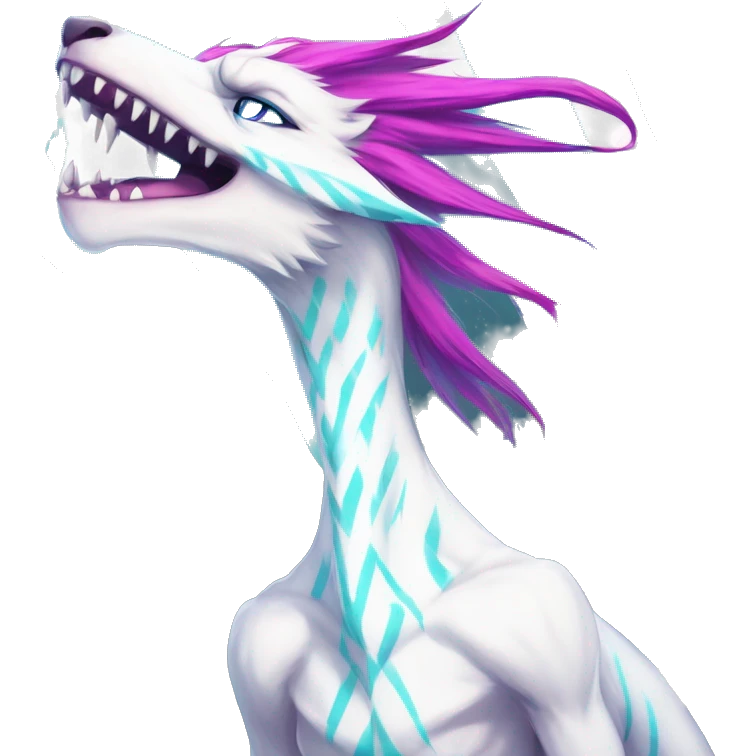 White badass elegant wild beautiful natural cute badass epic anthro modern albino sergal-vernid-creature with cyan mane and magenta eyes with cyan edgy stripes, full body, blue pretty hair, outside, modern, aesthetic, art by LiLaiRa, art by art by Falvie emoji