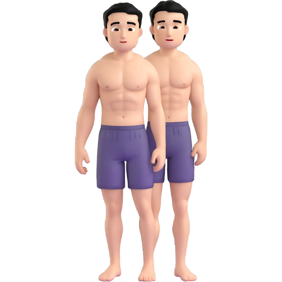 young white man with short black hair, shirtless, muscular, full body without shoes emoji