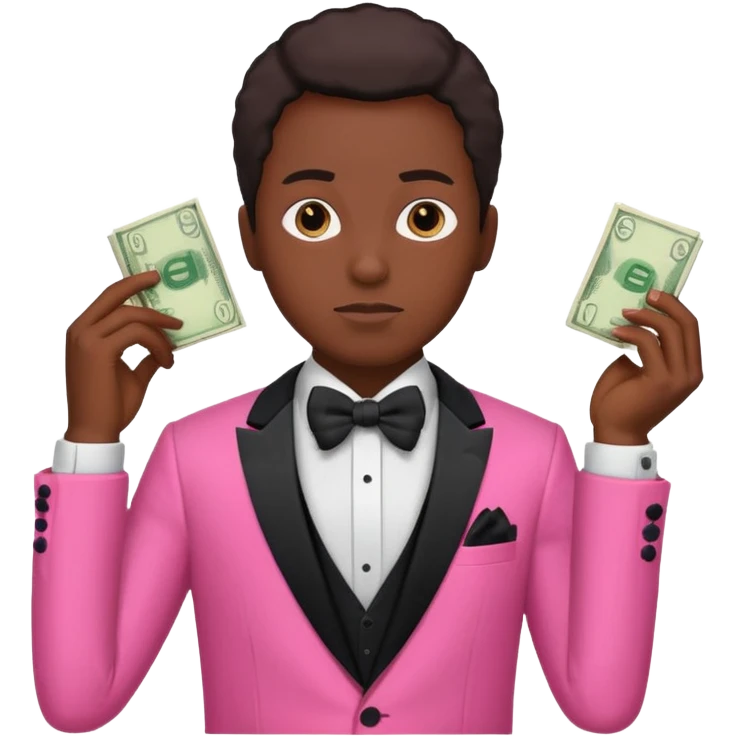 ambitious thinking about money, black person, pink tuxedo emoji