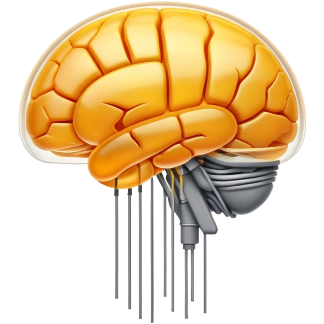 An amber translucent capsule floating in front of an ethereal brain. Thin electric filaments connect from the capsule to the brain synapses like bridges of light. emoji