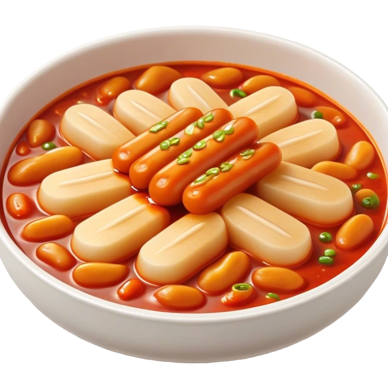 Cinematic Realistic Tteokbokki Dish Emoji, showcasing spicy, chewy rice cakes in a fiery sauce rendered with lifelike detail and bold, dynamic lighting. emoji