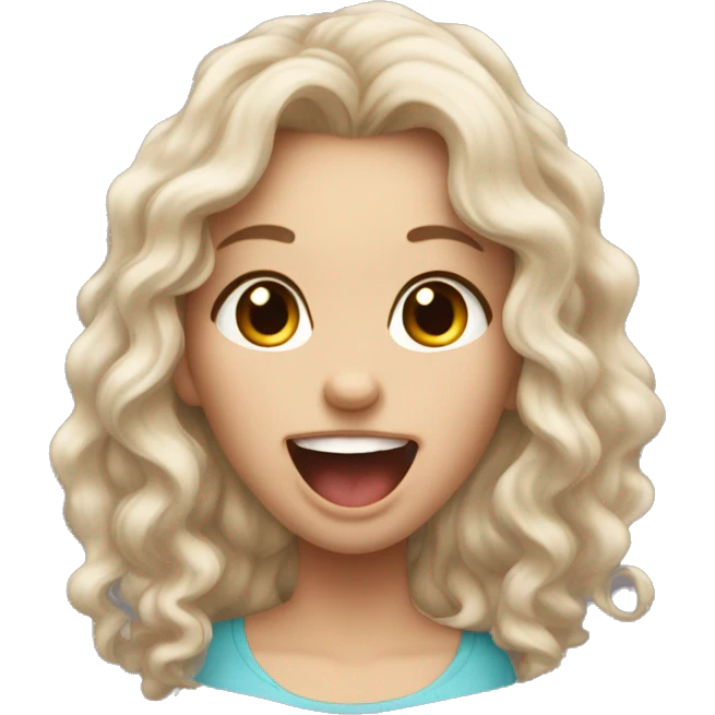 a girl with pale skin, long curly brown hair, sticking her tongue out happily emoji