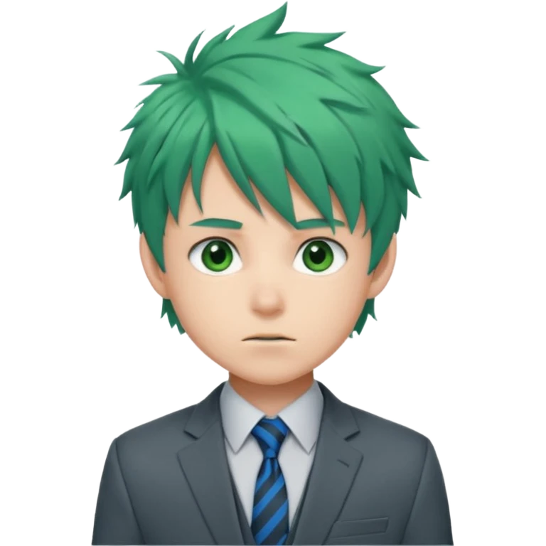 deku : boy anmie green hair green eyes in a ua gray jacket and blue tie suit with frenkles messy hair and black on the bangs emoji