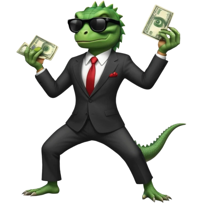 capitalist iguana banker godfather with black sunglasses breakdance scaring emoji