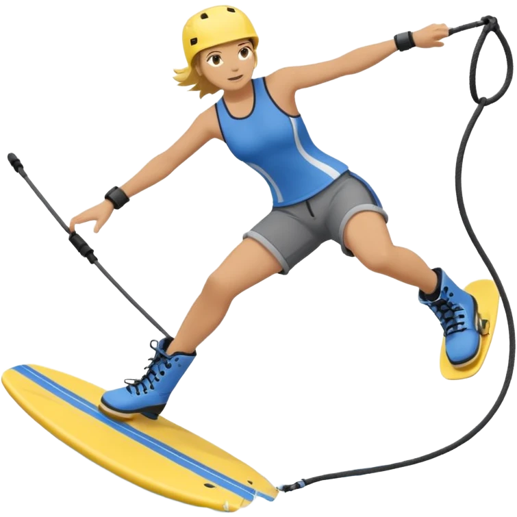 A person wakeboarding with one leg forward, the other bent for balance, leaning slightly back while holding a tow rope. Wearing a blue top, black shorts, gray boots, on a yellow board with small water splashes below. emoji