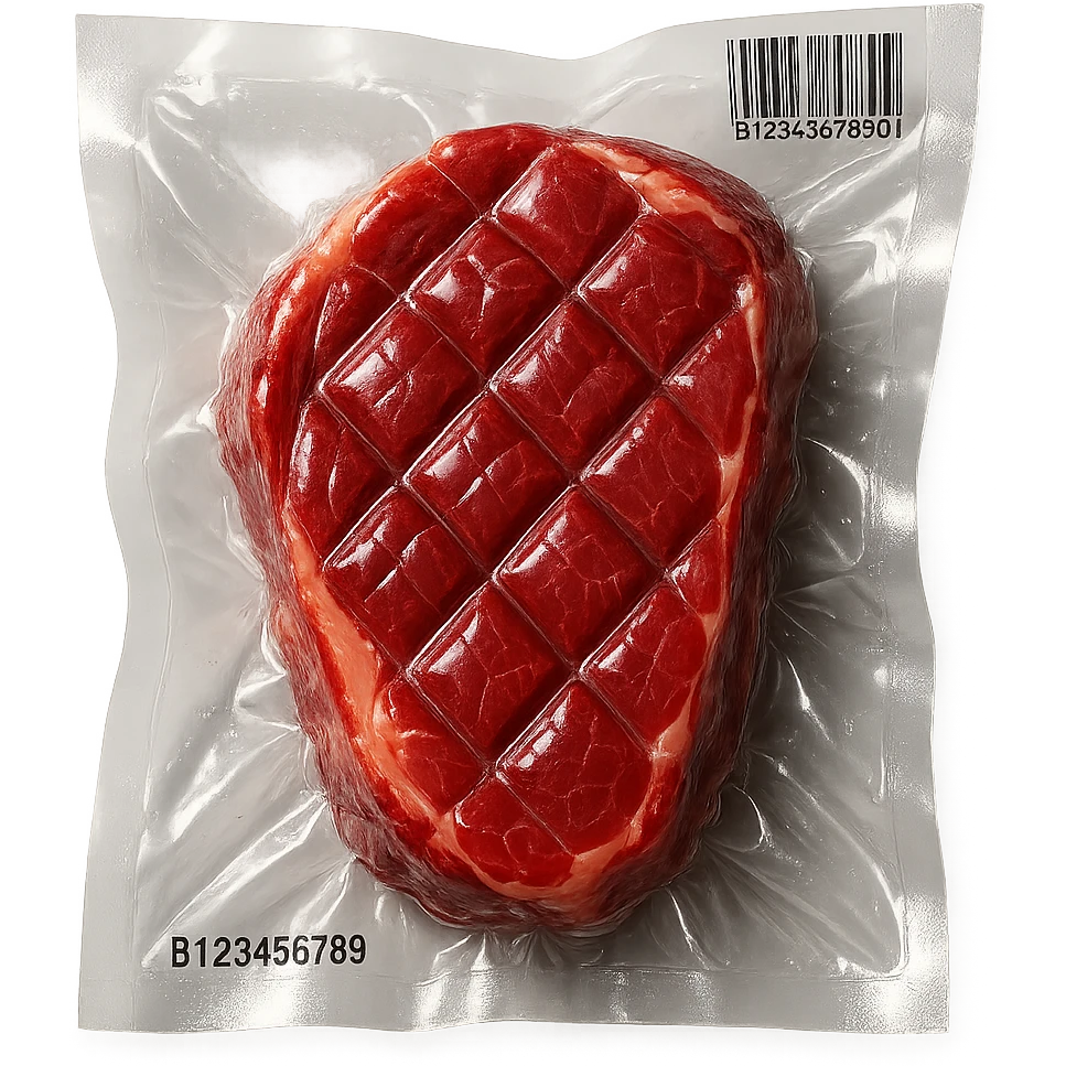 meat steak with diamond texture, shiny and inflated, vacuum-sealed style emoji