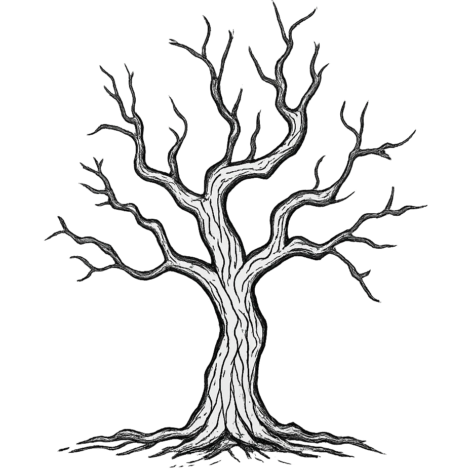A creepy tree in a drawn style, closer to vector art, with clear black outlines, distinct shadows and highlights, old cracked bark texture, shape and bends matching the reference image, no gradients, only sharp color transitions. emoji