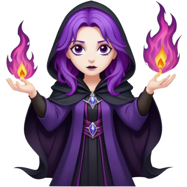 A dark sorceress with wavy purple hair, wearing a black cloak, summoning violet flames emoji