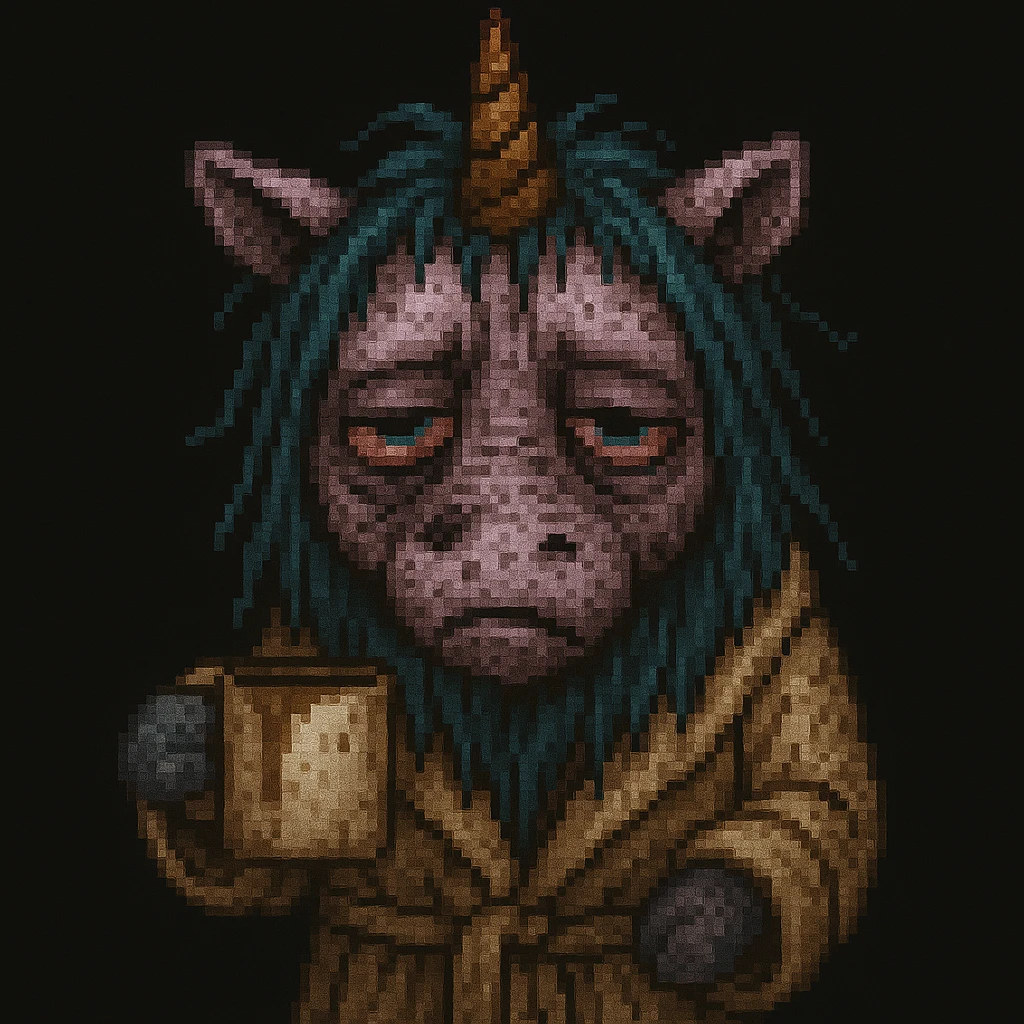 Add a rumpled bathrobe to the unicorn, keep the pixel art style, unicorn remains disgusting and rumpled with bags under his eyes, a drooping horn, and a dirty coffee cup. Pixel art style. emoji