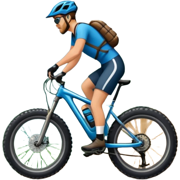 An icon featuring a forest trail or rocky mountain road. The background shows dense trees, steep slopes, and distant peaks under a clear blue sky with mountain bike with wide tires, positioned on  Transparent background highlights the thrill and rugged beauty of mountain biking. emoji