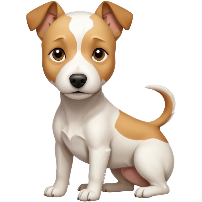 a full body facing front on of a buff white parson russell terrier looking dog the size of a kelpie with light brown long ears resting on its face and a light brown patch above one eye and a large snout. the rest of the dog is completely white.  emoji