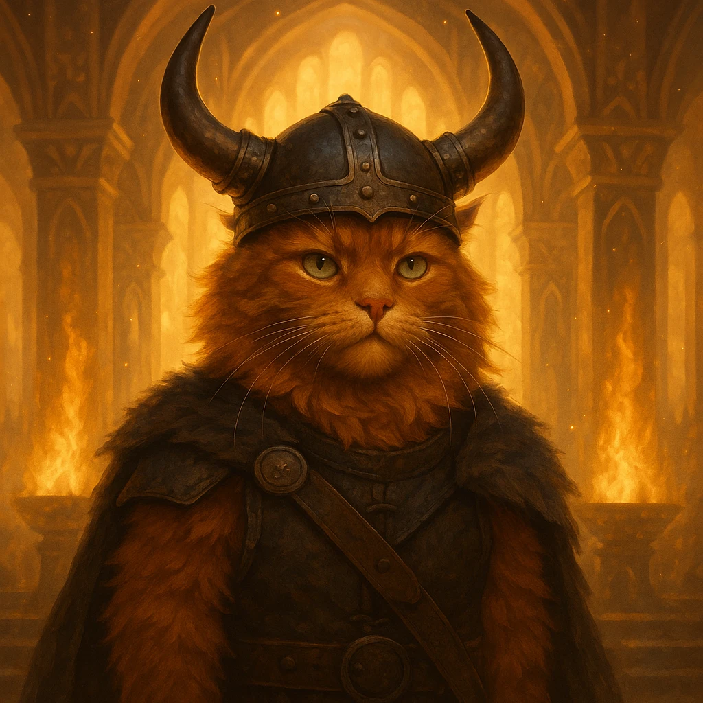 Viking ginger cat with horned helmet, standing in Valhalla, glowing background, fantasy style emoji
