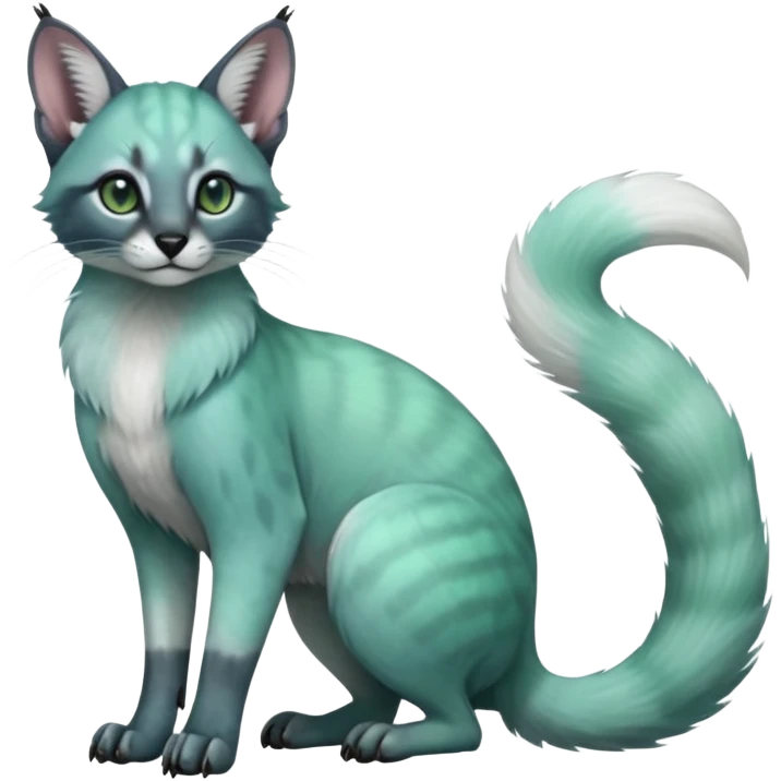 Colorful dark realistic tropical iridescent pale light jade-green, mint-blue, whitish pastel white glorious divine exotic cute cool beautiful shiny beautiful fantasy-caracal-civet-genet-sergal-vernid-Cacomistle-Trico-oncilla-animal-Fakémon-hybrid-fursona (full body) emoji