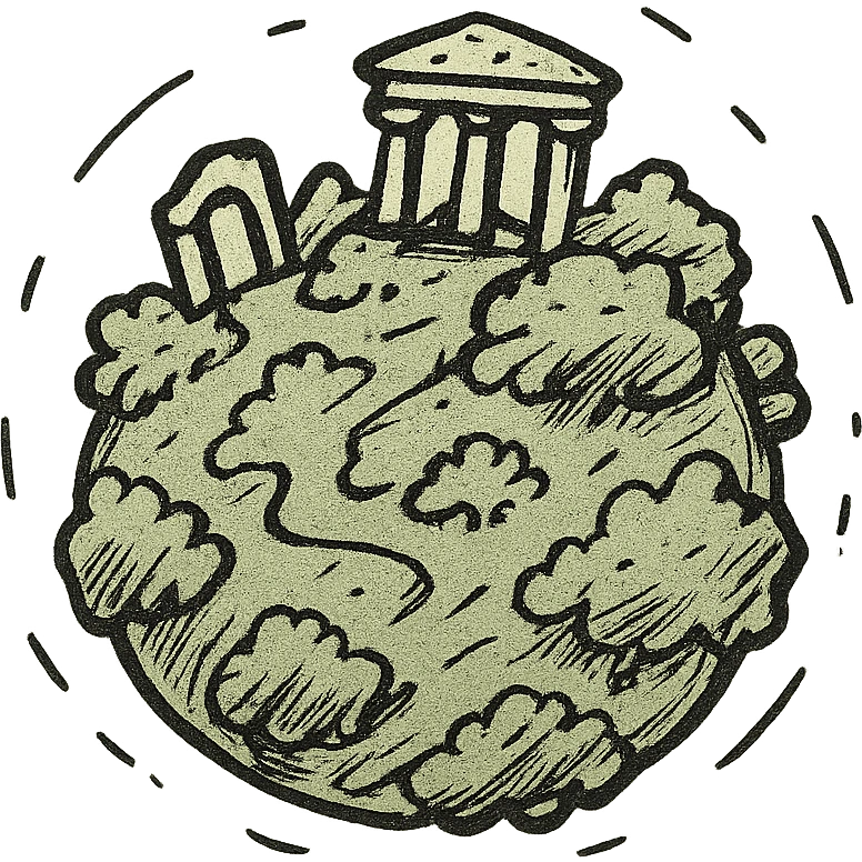 A fantasy planet, lush and green, with ancient ruins emoji
