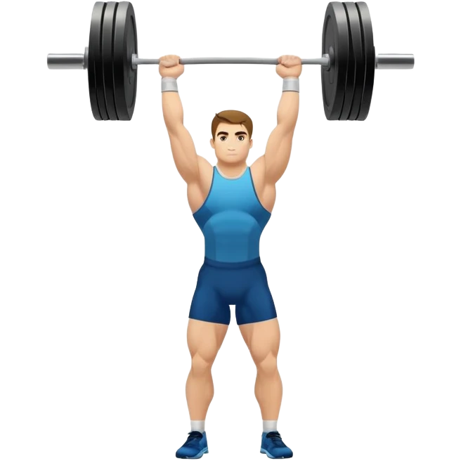 Emblem representing weightlifting with a strong athlete in a classic lifting stance, holding a barbell overhead. Dynamic, powerful pose with a focus on strength. Clean lines, bold silhouette, and transparent background, symbolizing the intensity and discipline of the sport emoji