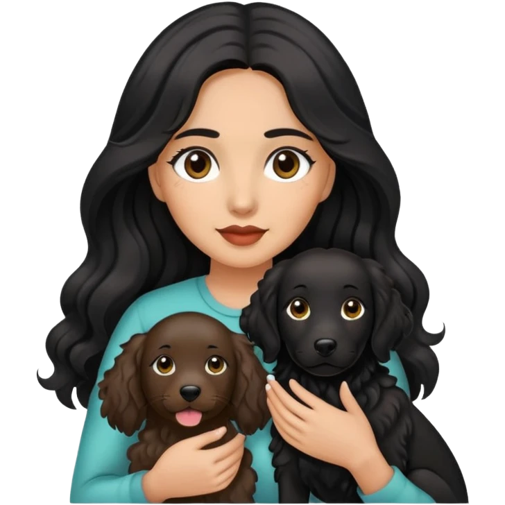 woman with olive skin, brown eyes and long lashes, and long black wavy hair holding all black retriever  emoji