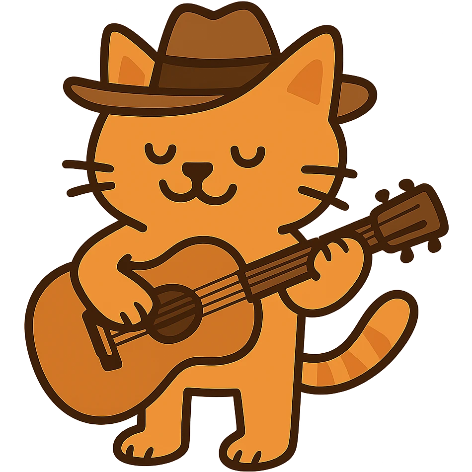 flat toon orange cowboy cat strumming an acoustic guitar  emoji