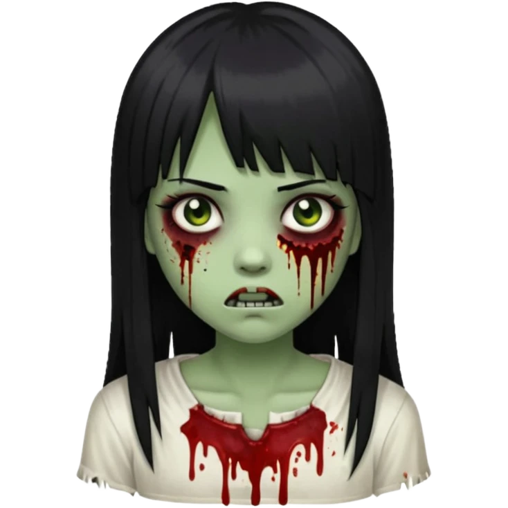 Emoji de uma garota com os cabelos longos, lisos e pretos. Ela usa uma franja curta. Tem a pele esverdeada e ferimentos no rosto cobertos com sangue, usa uma blusa branca rasgada e suja de poeira. Ela é uma zumbi emoji
