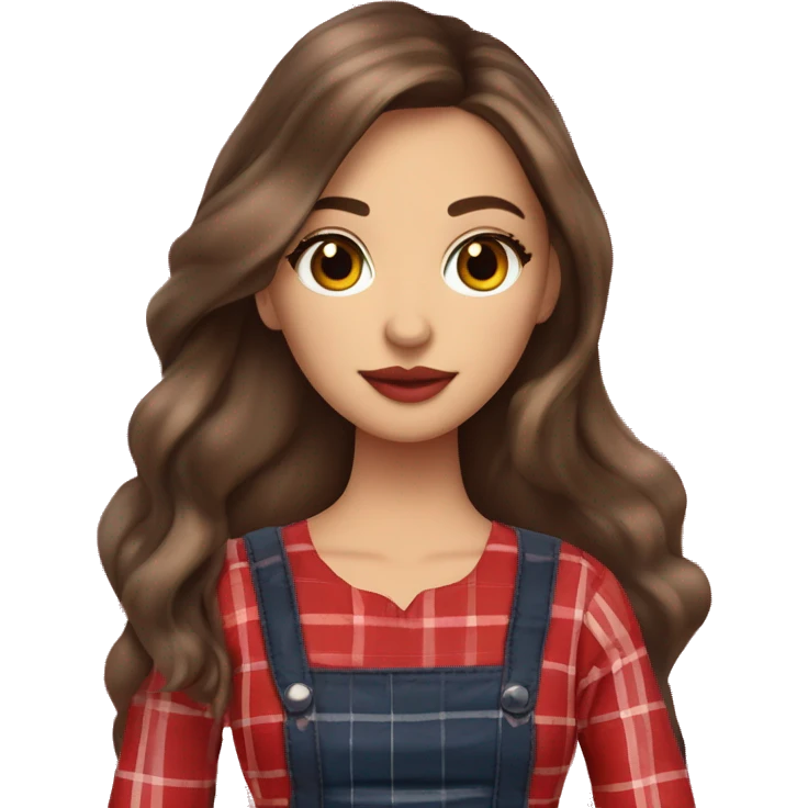 Pretty peach skin brunette woman with doll eyes and long flowing hair and red rosy cheeks in red plaid babydoll dress emoji
