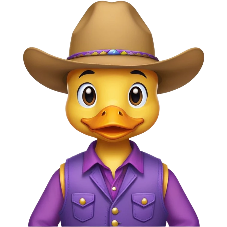 Tarleton State University’s a yellow duck, Oscar P and He’s wearing a purple cowboy hat, a Purple vest emoji