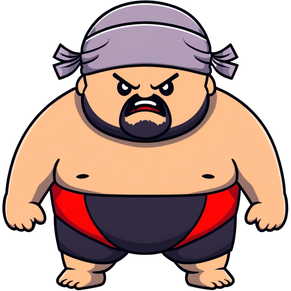 Extreme close-up of face of morbidly obese white skin guy with young face, prominent BLACK DURAG tied clearly on head, black beard but no mustache, clean shaven upper lip, black eyes in a red and black wrestling singlet with angry expression emoji