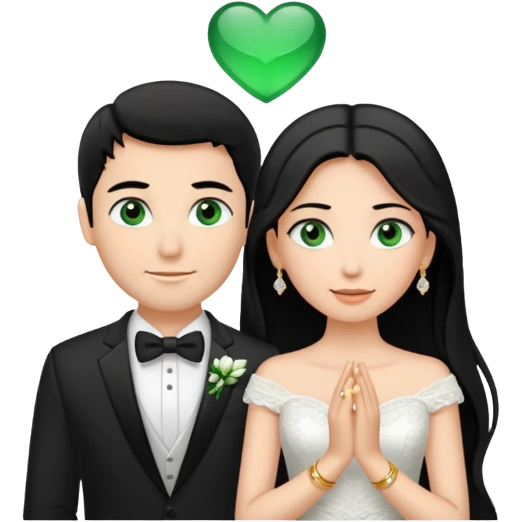 Bride has Black hair and brown eyes Groom has green eyes and brown hair. White gold wedding bands emoji