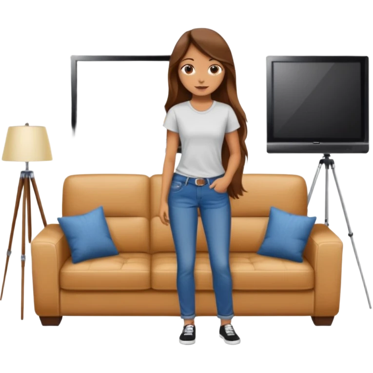 beautiful girl with long brown hair constructing new lounge room area with flat screen tv and couch emoji