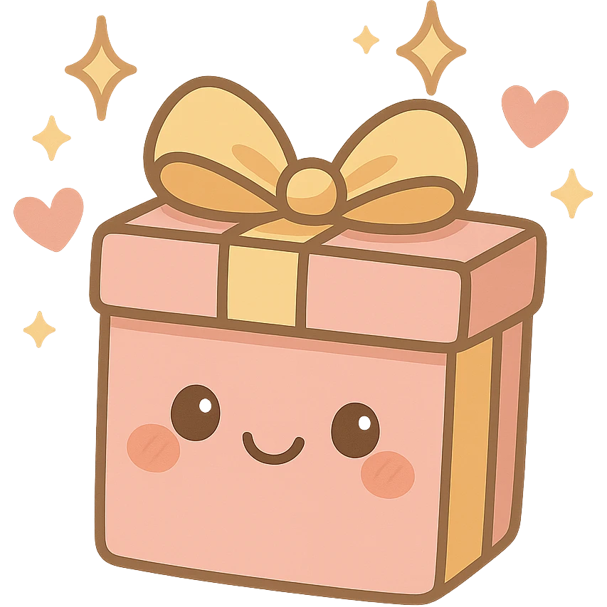cute gift box with sparkling stars and hearts, smiling wrapping paper, remove background emoji