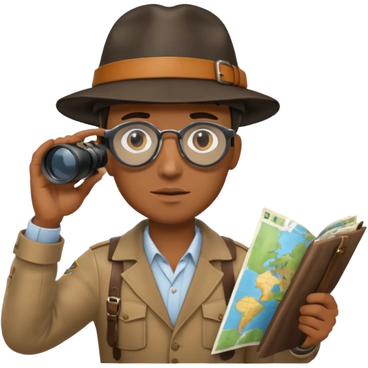 Black man binoculars with leather strap on map emoji