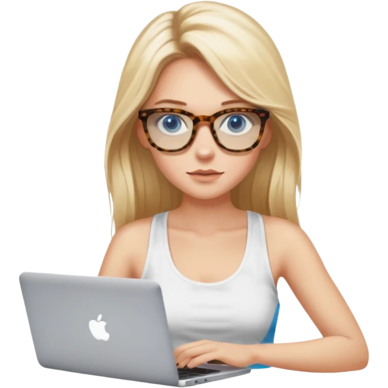 long blonde hair woman blue eyes with tortoise shell print glasses wearing white tank top on mac book  emoji