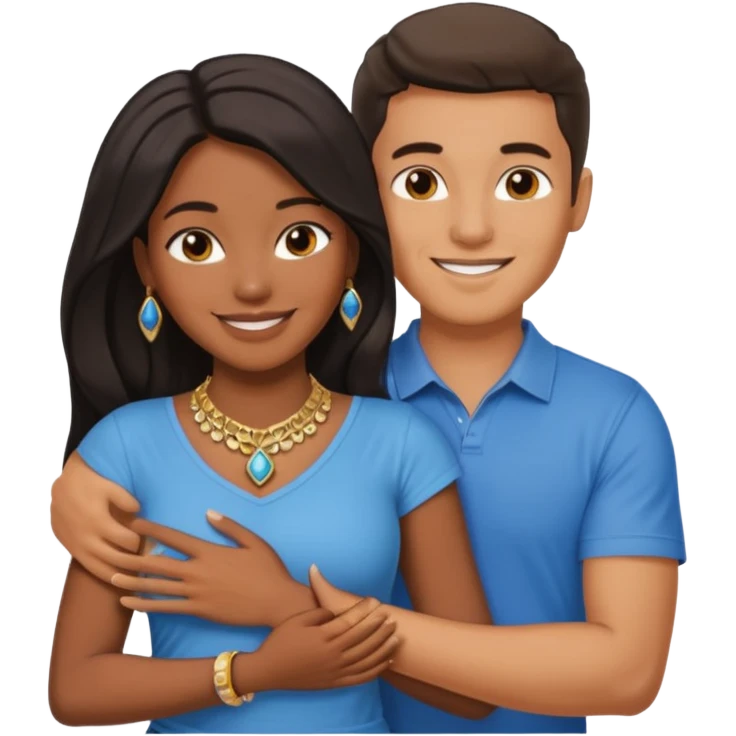 smiling embracing interracial couple from waist up. ebony woman with long hair and jewelry. brazillian man short hair wearing blue. emoji