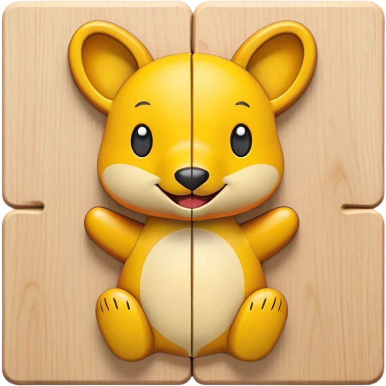 A wooden puzzle animal character with interlocking pieces and a happy expression emoji