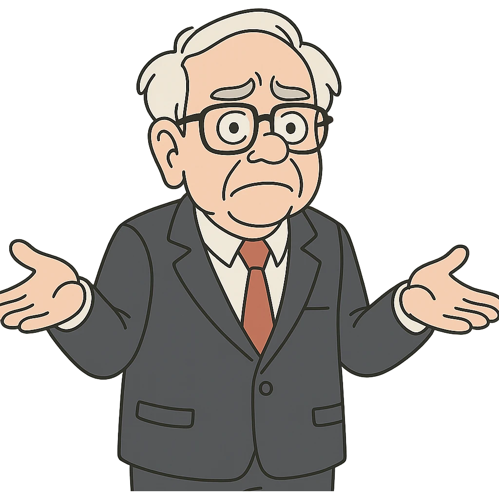 Warren Buffett with empty hands raised, looking lost, business attire, cartoon style emoji