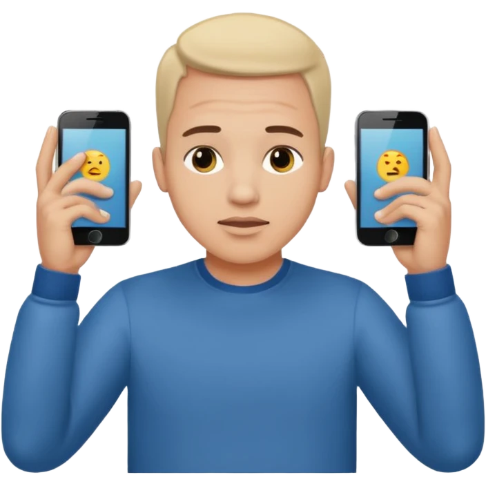 a guy holding 1 smartphone with both hands, smarphone should be horizontal, on top of his forehead emoji