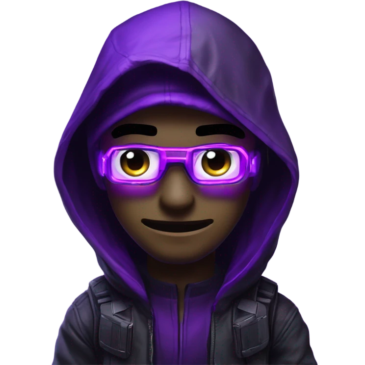 developer behind his laptop with this style : crysis Cyberpunk Valorant neon glowing bright purple character purple violet black hooded assassin themed character emoji