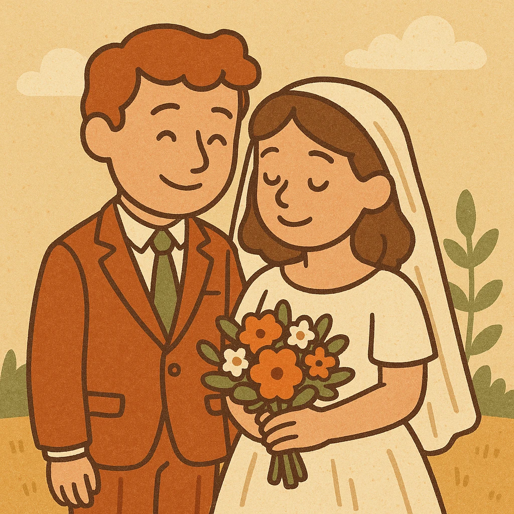Georgie and Mandy inspired by the reference photo, in wedding outfits, cartoon style, wedding scene emoji