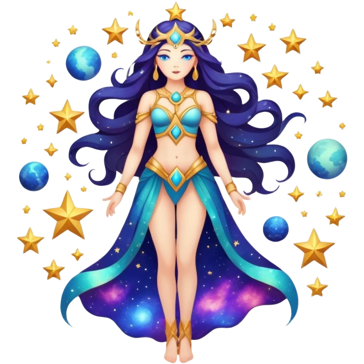 fullbody universe goddess with cosmic elements, stars and galaxy patterns emoji
