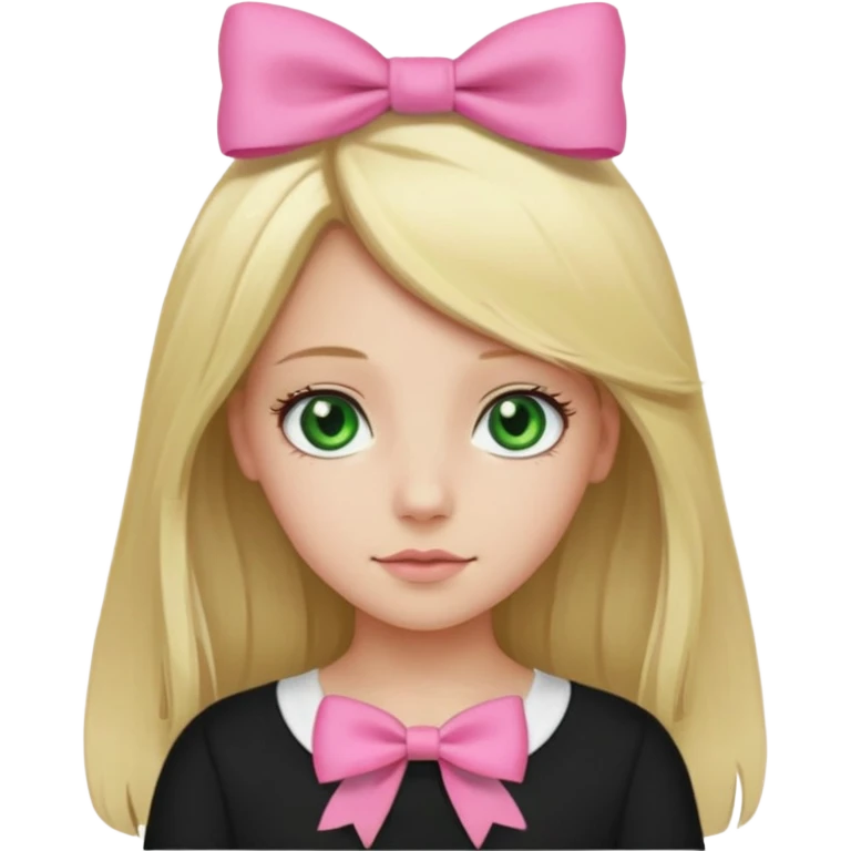 blonde girl middle part long hair , pink bow in hair, plain black top, green eyes. emoji