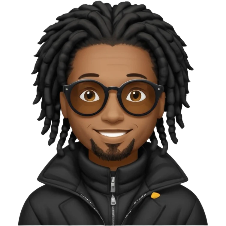 African American man brown skin complexion with black dreadlocks shoulder length wearing black bubble winter coat wearing black sunglasses emoji