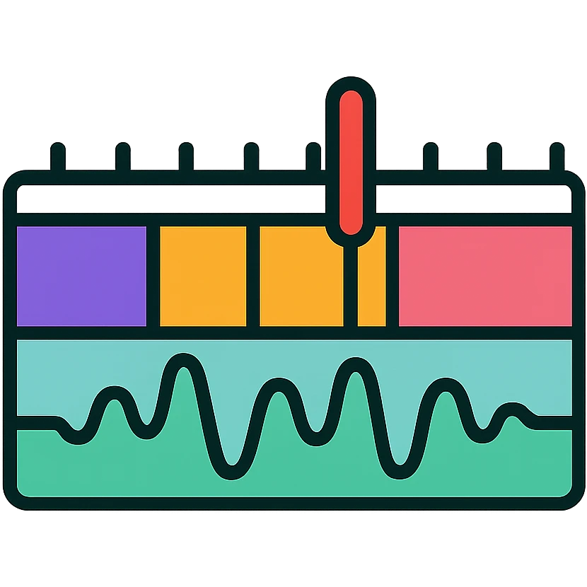 Video editing timeline with colored clips, waveform, time markers and scrubbing playhead emoji