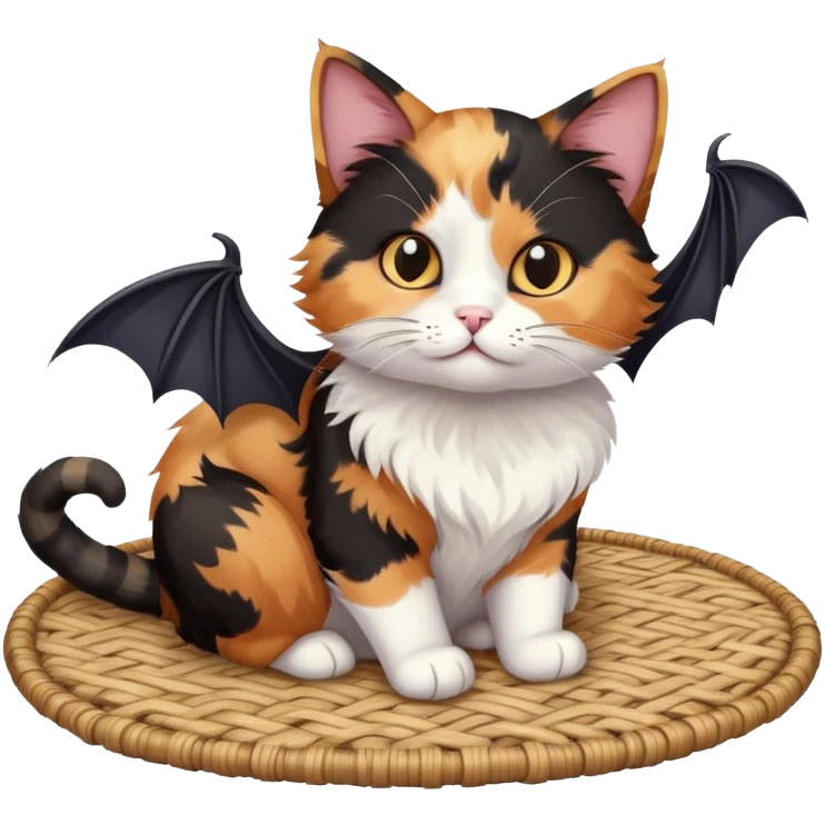 cat sitting on a mat with two bats flying nearby emoji