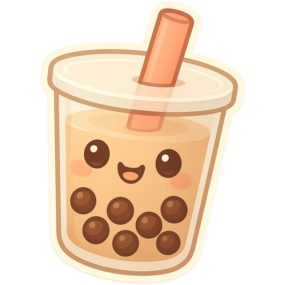 chibi sticker-style bubble tea with a smiling face, cute and exaggerated emoji