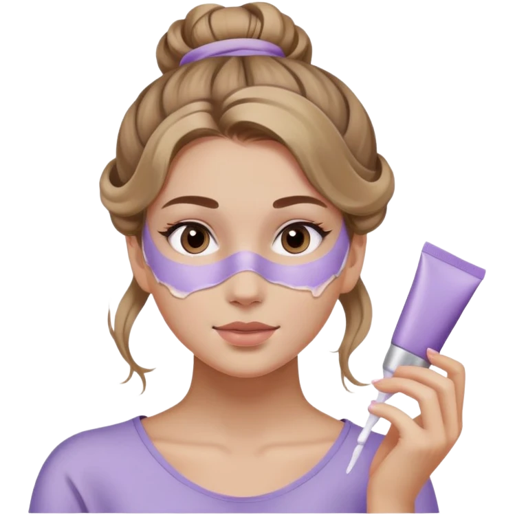 girl with wavy dark blonde hair messy bun applying lilac skincare mask emoji