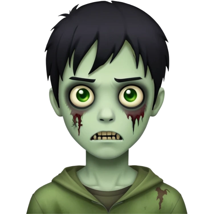 boy zombie with black hair, medium length, emo style, dark and spooky, green skin, creepy face emoji