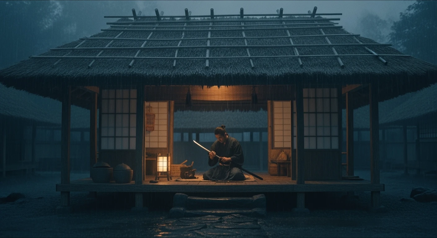 A cinematic scene from 1185, motion blur, wide shot of Taro polishing his katana in a bamboo hut, rain on roof, lamp-lit, symmetrical, gray-blue palette, tense, Arri Alexa, Wes Anderson. emoji