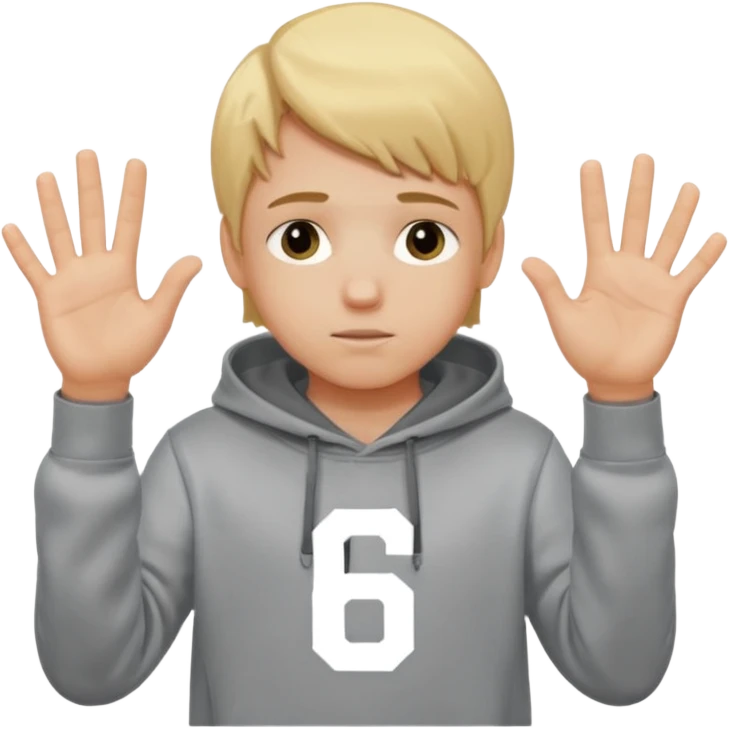 a white kid blone hair with a grey hoodie and his above his hands saying 67 one 6 on 1 hand 7 on the other emoji