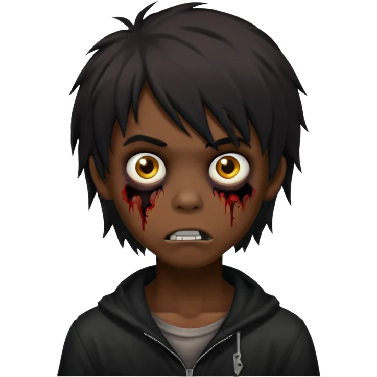 boy zombie with black medium-long emo shaggy hair, dark and spooky, creepy expression emoji